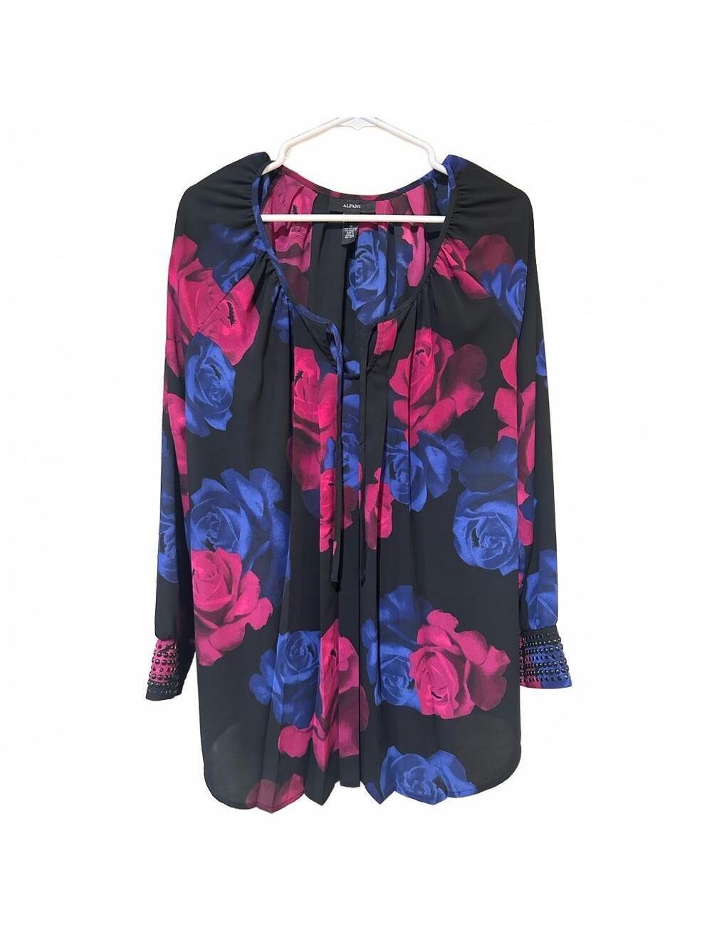 Alfani Women's Rose Print Blouse - Black, Pink, Blue